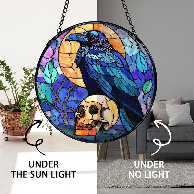 TNUW Black Raven Halloween Stained Glass Window Hanging, Gothic Skull Black Crow Sun Catchers Indoor Window Glass Round Wall Art Decor, Halloween Wall Hanging Decorations, 7.9＂x7.9＂