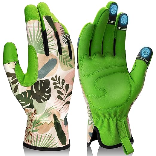 Gardening Gloves for Women, Breathable Leather Work Gloves, Thorn-Proof Gardening Gifts, Touchscreen Compatible, Protective Work for Digging, Planting, Pruning, Medium Size, Green