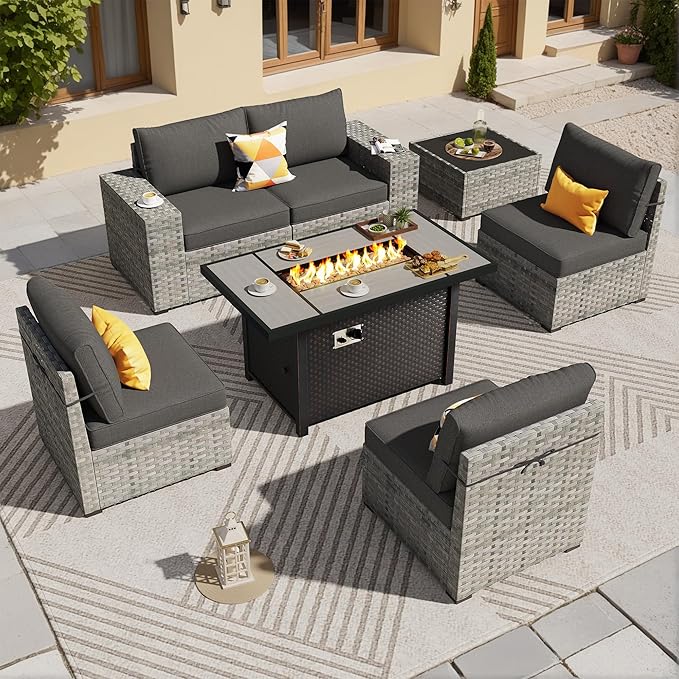 ovios 7 Pieces Patio Furniture Set, Outdoor Wicker Sectional Sofa with 42 Inch Fire Pit Table Comfy Cushions, Modern Modular Deep Seat Rattan Couch Conversation Set, Black