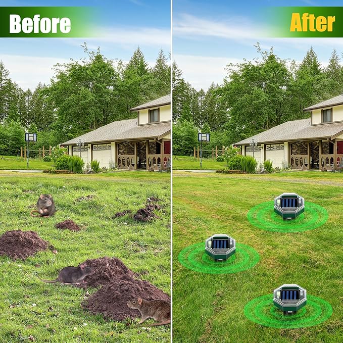Mole Repellent Solar Powered, 8 Pack Ultrasonic Gopher Vole Repellent Outdoor, Waterproof Sonic Spikes Get Rid for Squirrel, Rat, Mice, Rodent, Skunk Repellent for Lawns Yard