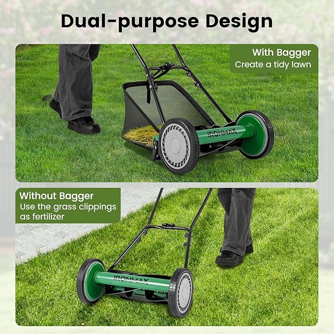 Goplus Manual Lawn Mower, 16 Inch 5-Blade Walk-Behind Cordless Grass Cutter with 7 Gallon Removable Grass Collect Bag, Adjustable Cutting Heights, Push Reel Lawn Mower for Yard, Garden