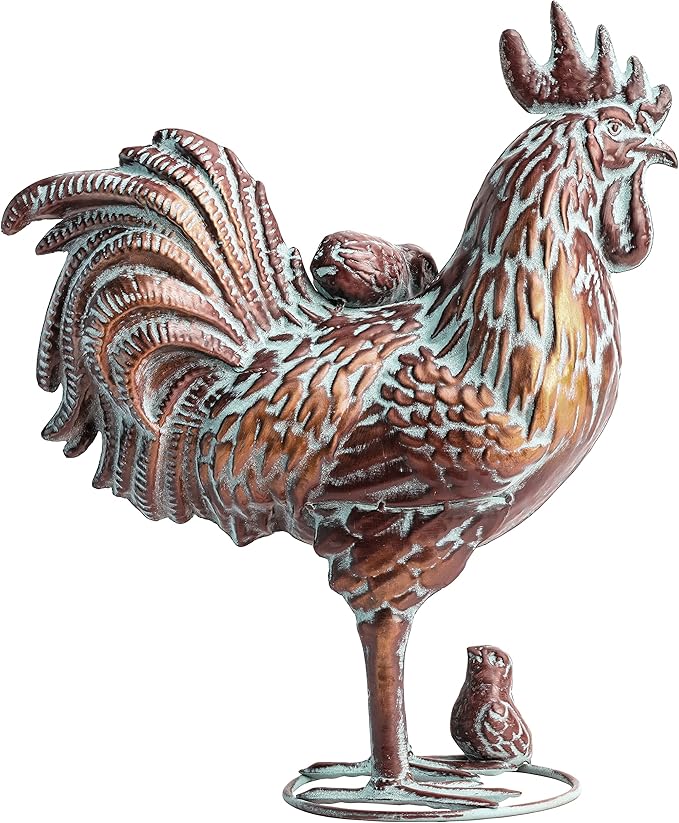 Outdoor Garden Rooster Statue Décor Antique Copper Outdoor Chicken Sculpture Metal Yard Art Figurines Creative Rooster Ornaments for Home Kitchen Patio Farm (Garden Rooster with Chicks Statue)