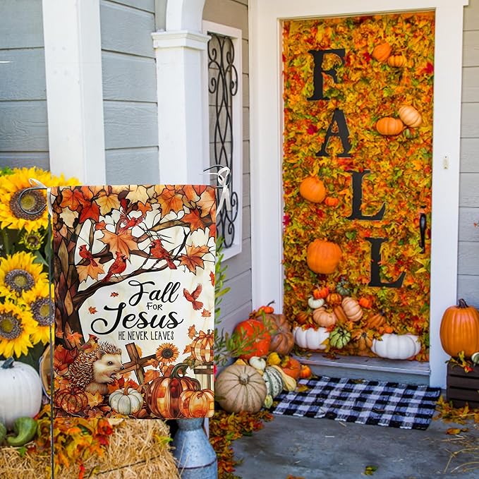 Fall for Jesus Garden Flag He Never Leaves Autumn Pumpkin Banner Stained Glass Cardinal Yard Signs Outside Halloween Thanksgiving Religious Outdoor Decor 12x18 Double Sided Small