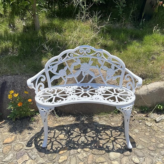 KAILI Garden Bench, Metal Aluminum Rose, Suitable for Garden Porch Park Front Porch Balcony Outdoor (White)