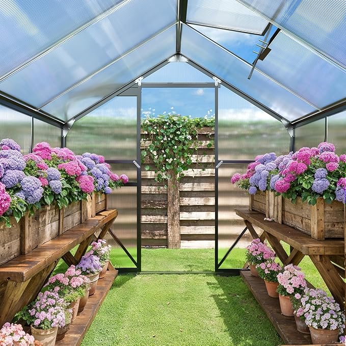 Gizoon 8x6 FT Outdoor Greenhouse, Quick Setup Polycarbonate Greenhouse with Adjustable Roof Vent and Sliding Door, Aluminum Walk-in Greenhouses for Outside Backyard Gardening (Black, 8x6FT)
