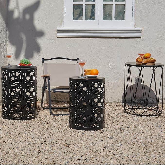 Y&M Set of 3 Stacking Coffee Table for Living Room, Patio Side Table,Indoor End Tables for Bedroom, Outdoor Decorative Garden Stool with Heavy Duty Metal Frame Modern Industrial Decor - Black
