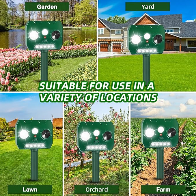 4Pack Solar Ultrasonic Animal Repellent Deer Repellent Devices with Motion Detection&LED Flashlight,Cat Repellent Outdoor Squirrel Rabbit Raccoon Skunk Deterrents Animal Repeller for Yard Garden Farm