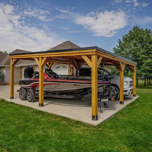 Backyard Discovery Kingsport 20' x 20' Cedar Wood Outdoor Carport Garage with Heavy-Duty Galvanized Steel Slope Roof, Snow Support, Wind Resistance, PowerPort, Shelter to Protect Cars, Boats, Trucks