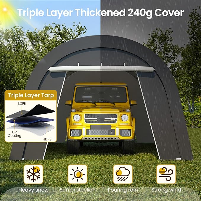 Wisteria Lane Domed Carport, Portable Garage with 2 Roll up Doors, Heavy Duty Car Canopy Party Tent, All-Season Storage Shelter Shed Carport for Motorcycle, Boat, Truck, or Garden Tools, 13' x 20'