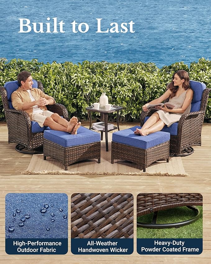 HILLGA Luxury Patio Furniture Set with 6-inch Thick Cushion, Outdoor High Back Swivel Rocker Patio Chairs, 5PCS Wicker Conversation Set for Deck Yard and Poolside, Blue (V2)