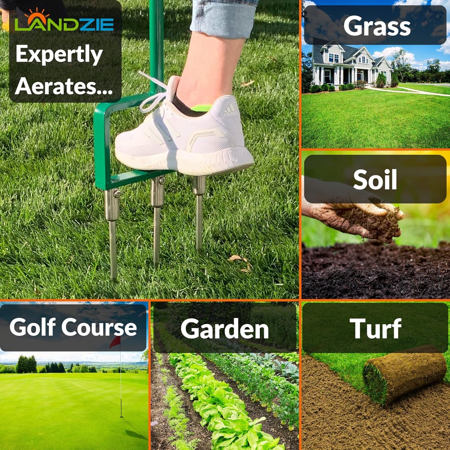 Landzie - The Original Spike Tine Fork Lawn Aerator - 42 Inch Manual Stainless Steel Gardening Hand Tool - Grass Dethatcher Aerator Lawn Tool with Solid Tines for Compacted Soil