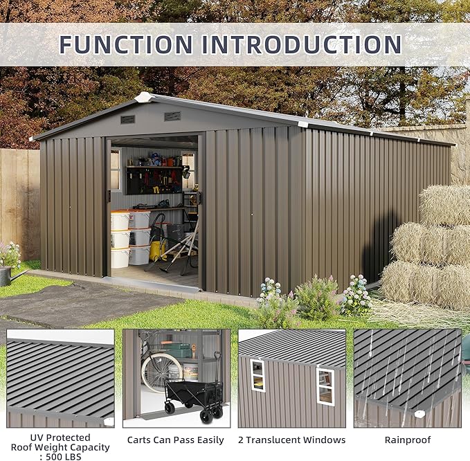 10x12 FT Outdoor Storage Shed, Large Metal Garden Shed with 2 Windows, Outside Tool Sheds with Lockable Sliding Doors, Waterproof Storage Building with 4 Air Vents for Backyard, Patio, Lawn, Brown
