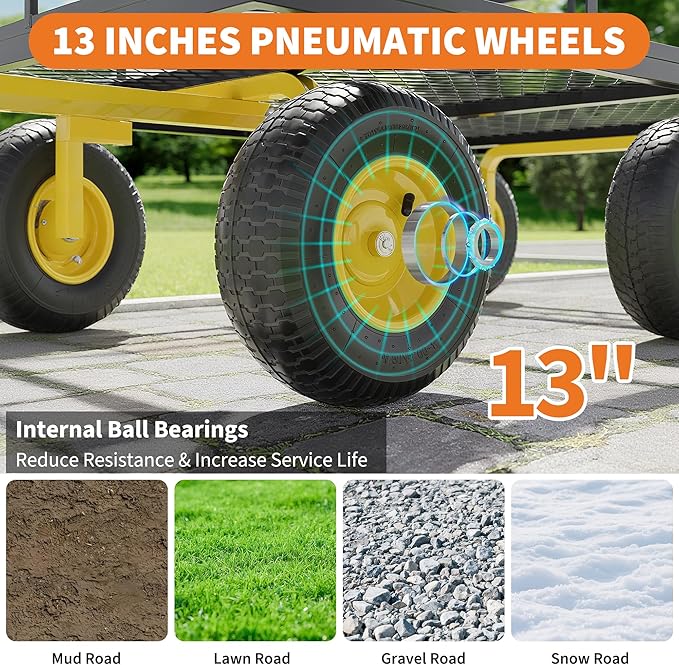 3-in-1 Heavy-Duty Steel Garden Cart, 1400 Lbs Garden Wagon, with 13 Inch All-Terrain Tires and Removable Mesh Side Panels, 180° Rotating Handle, Metal Multi-Function Carts, Outdoor Gardens Wagon Cart