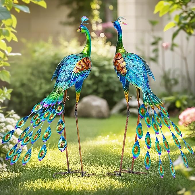 32" Metal Peacock Yard Decor - Handmade Oversize Peacock Sculptures with Stable Ground Stakes, Backyard Decoration, Metal Garden Art.