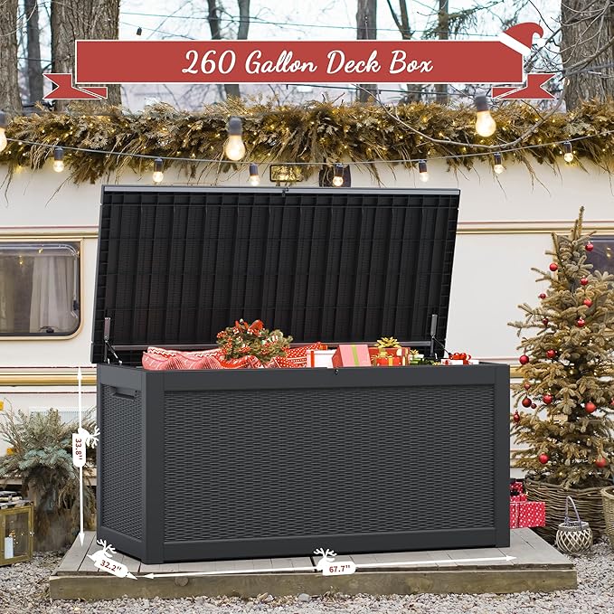 NUNU LAB 260 Gallon Outdoor Storage Box,Resin Large Sturdy Deck Box, Backyard Outside Storage Box Waterproof with Double Wall Panels,Package Delivery Box,Garden Box,Tool Box,Outdoor Hose Storage Bin