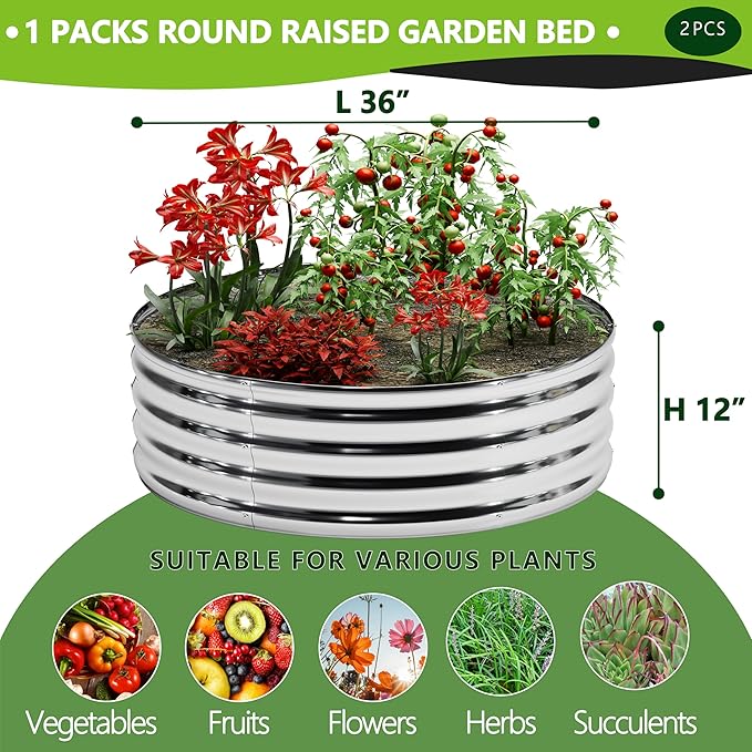2PCS 3x3x1FT Galvanized Raised Garden Bed Kit,Vegetable Boxes-Round Metal Flower Box,Large Planter Raised Beds Outdoor Garden for Planting,Fruit,Herb-Sliver