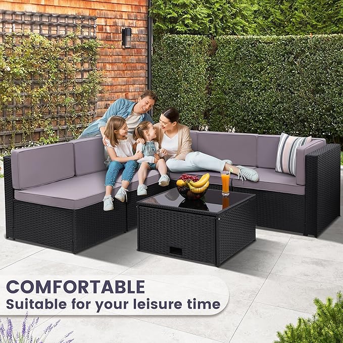 8 Pieces Outdoor Wicker Rattan Patio Furniture Sectional Set, Glass Top Table with Hidden Storage, 7 Sofa Sections, Oversized Cushions, Black Color Rattan with Light Grey Cushion
