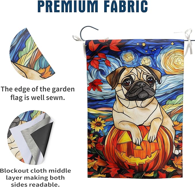 Stained Glass Pug Fall Garden Flag Halloween Pumpkin Yard Signs Autumn Sunflower Thanksgiving Banner for Outside 12x18 Double Sided Small Dog Outdoor Decorative