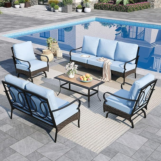 Sophia & William Patio Furniture Set, 5 Piece Metal Outdoor Conversation Set with 3-Seater Outdoor Couch, 2 Sofa Chairs, 1 Loveseat,1 Coffee Table for Outdoor Seating, Backyard, Porch(Blue)