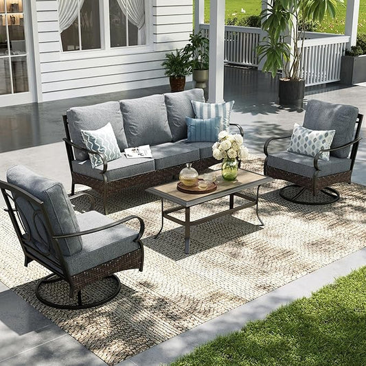 Sophia & William Patio Furniture Set, 4 Piece Metal Outdoor Conversation Set with 3-Seater Outdoor Couch, 2 Swivel Chairs, 1 Coffee Table for Outdoor Seating, Backyard, Porch(Grey)