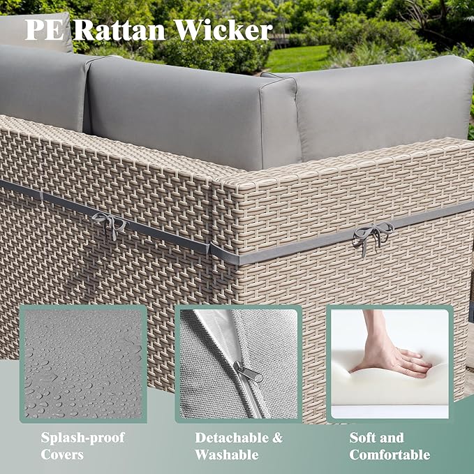 11 Pieces Patio Furniture Set, Outdoor Sectional Wicker Sofa with Thick Cushions and Storage Coffee Table, Rattan Patio Conversation Sets for Deck Garden Poolside, Grey