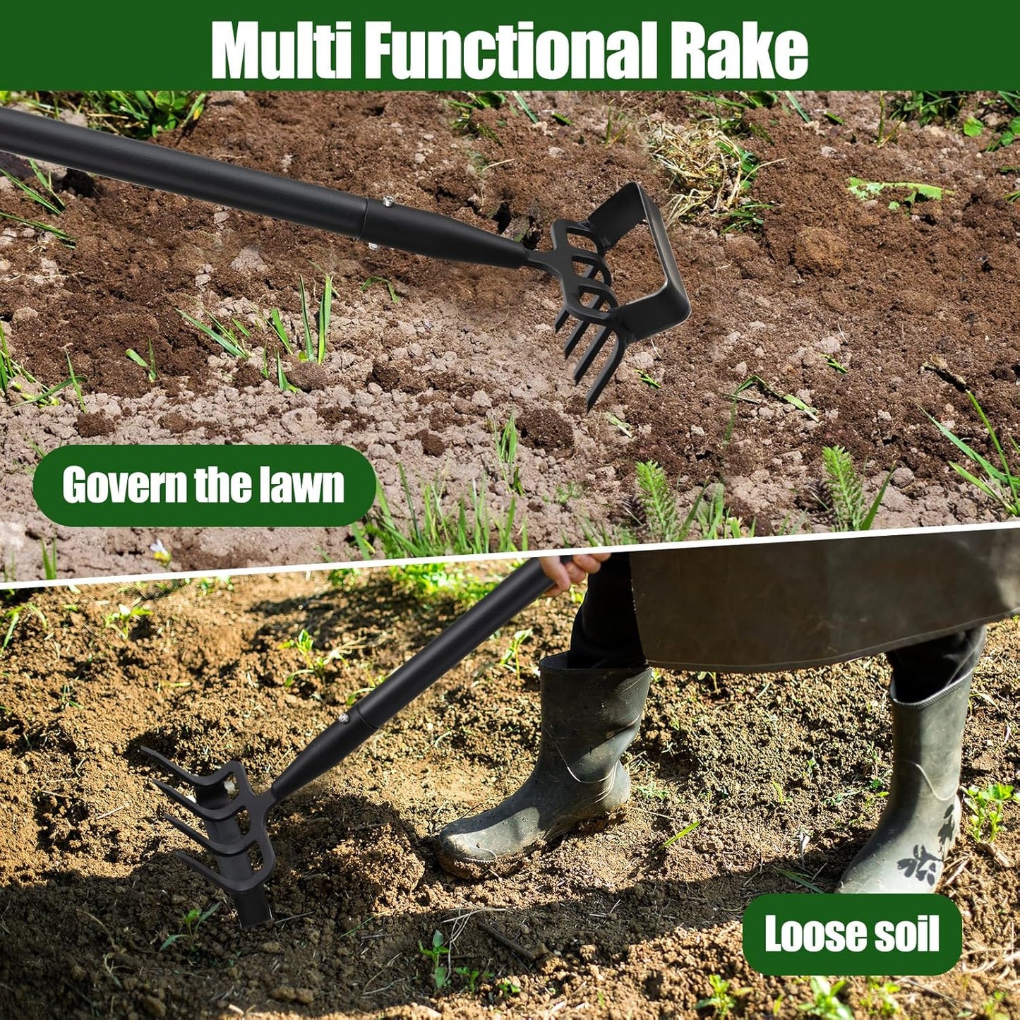 2-in-1 Garden Hoe Tool, Adjustable Length from 37 to 72inch, Ergonomic Design for Weeding and Raking, Durable and Rust-Proof Blade, Save Time and Effort