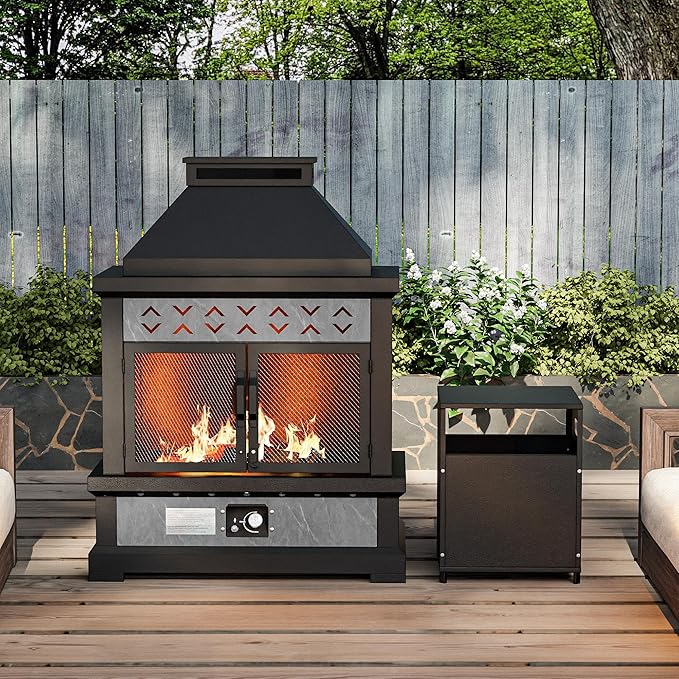Outdoor Propane Fireplace w Tank Table, 50,000 BTU Gas Fire Pit with Ceramic Logs, Rain Cover, 35 Inch Steel Metal Smokeless Fireplace for Patio, Deck, CSA Certified (35 x 47 Inch)