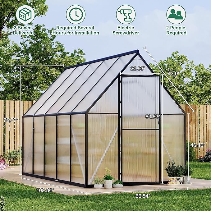 Aluminum Polycarbonate Greenhouse for Outdoors, Large Walk-InGreenhouse With Quick Setup Structure and Roof Vent, Greenhouse With Ventilation