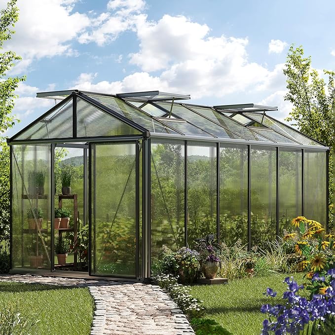 Greenhouse Diamas 24 Premium 7.7 x 15.1 ft with Approx. 16 mm Polycarbonate Panels, Natural Aluminum Color, with 2 Automatic Vent Openers
