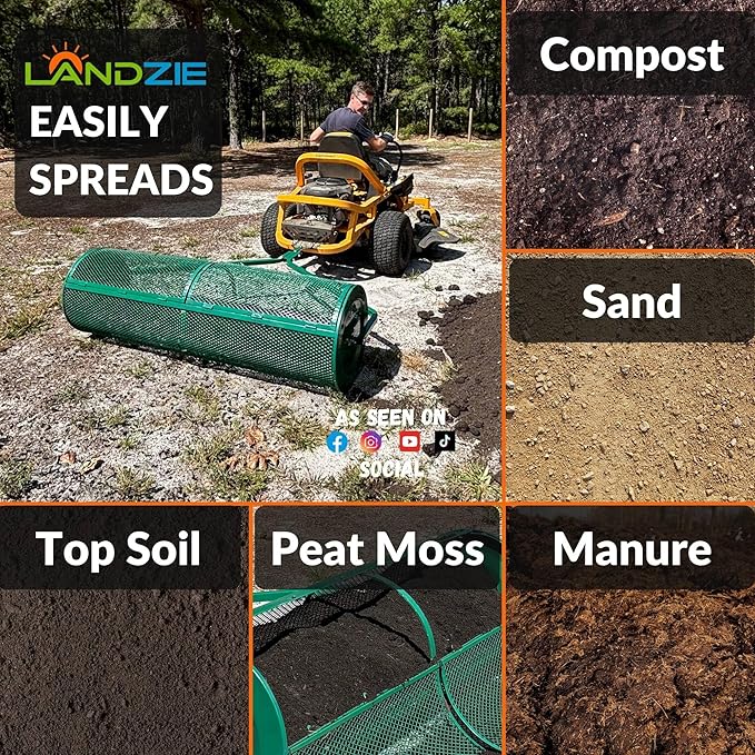 LANDZIE Lawn and Garden Spreaders - 60 x 20 Inch Tow-Behind Compost and Peat Moss Spreader for Large Lawns Commercial Landscaping - Effortlessly Spread Perfect Layer of Topdressing - Large Lawn Care