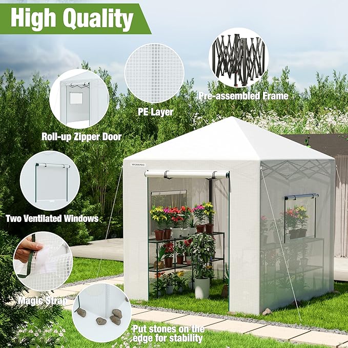 WORKPRO Greenhouse, 94" x70" x98" Instant Pop-up Heavy Duty Gardening Green House Canopy with Robust PE Cover, Indoor Outdoor Plant House Shed with Roll-up Entry Doors and 2 Screen Windows