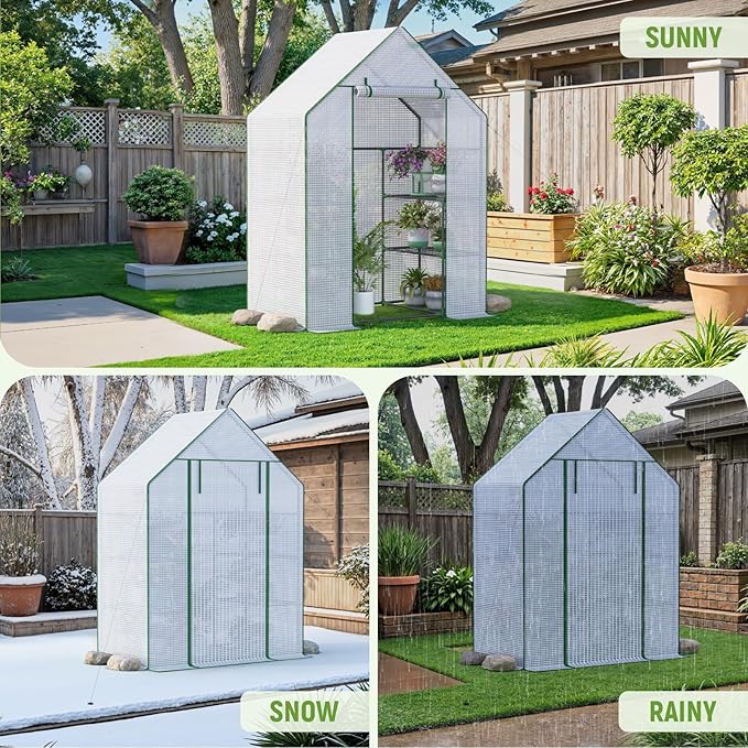 Portable Greenhouse for Outdoor, Small Greenhouses with Durable PE Cover, Walk in Greenhouse with Shelves Stands, White