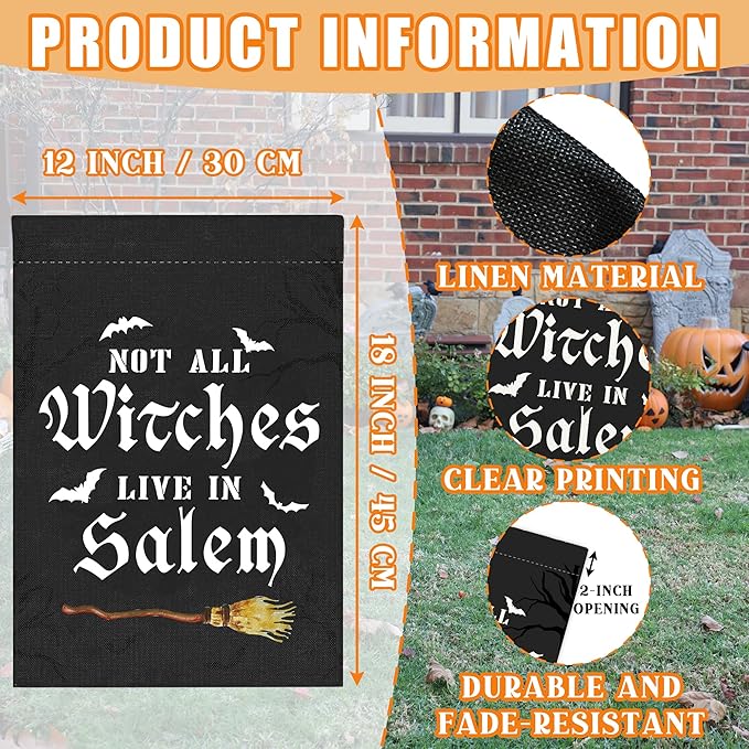 Not All Witches Live In Salem Broom Halloween Garden Flag for Outside, 12x18 Inch Double Sided Halloween Yard Flag, Farmhouse Small Yard Flags for Outdoor Decorations, Holiday Decor Gifts-A13