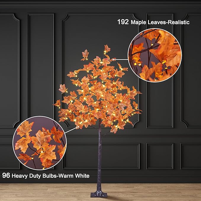 LIGHTSHARE 5FT 96LED Artificial Lighted Maple Tree Warm White Halloween Fall Decorations Indoor Ourdoor, Orange