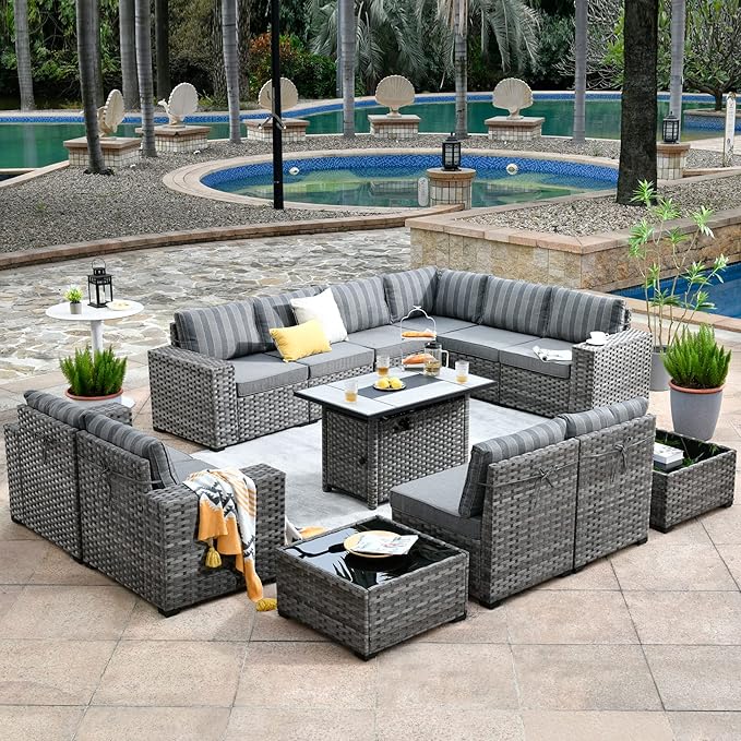 HOOOWOOO 13 Piece Modular Patio Outdoor Sectional Furniture Set with Gas Propane Fire Pit Table,Wicker Conversation Sofa Set,Out Door Couch Set with Wide Arm Outside(Grey Stripes)