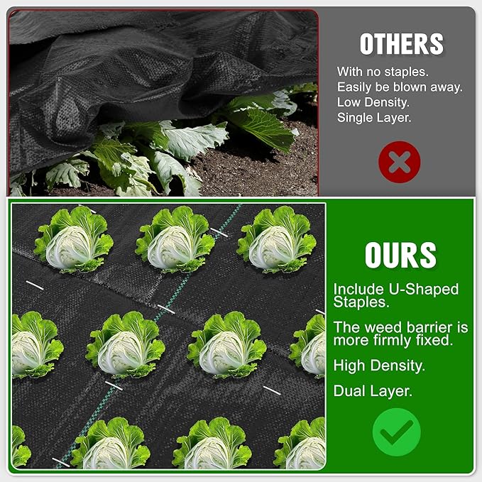 1.3FT x 50FT Weed Barrier Landscape Fabric Heavy Duty, 3.2oz Premium Gardening Weed Control Mat with 10 U-Shaped Securing Pegs, Ground Cover for Garden Beds, Farming, Underlayment, Commercial Driveway