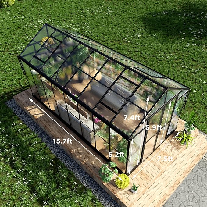 HOWE 8x16x7.5 FT Polycarbonate Greenhouse with Swing Doors, 4 Vents, 5.2FT Added Wall Height, Walk-in Large Aluminum Greenhouse for Outdoors, Black
