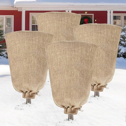 Riare 4 Packs 24 × 40 Inch Burlap Winter Plant Cover Bags with Drawstring- Reusable Large Burlap Sack Plant Frost Protector, Plant Frost Cloth Cold Tree Freeze Blanket for Outdoor Plants Fruit Shrubs