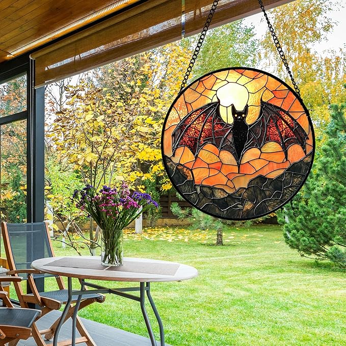 Stained Glass Window Hanging, Black Bat Sun Catcher for Door Home Decor Animal Suncatcher Christmas Mother's Day Birthday Gifts for Women Men Mom and Nana 6.3 in