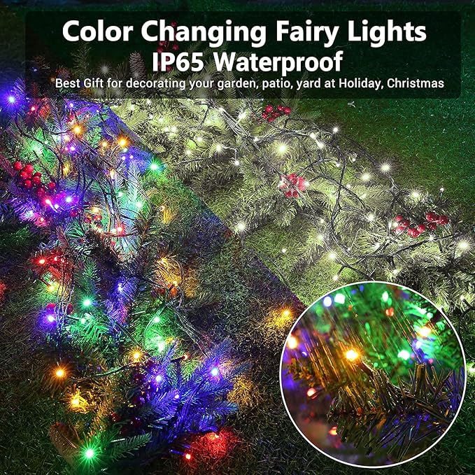 Joomer Color Changing Christmas Lights, 2 Pack Total 144FT 400 LED 12 Modes Solar String Lights Waterproof Twinkle Fairy Lights for Garden Yard Patio Christmas Decoration (White to Multicolor)