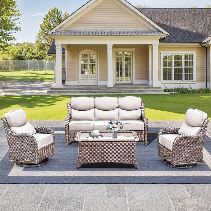 Luxury High Back Outdoor Furniture with 6-Inch Thick Cushions, Patio Furniture Set with Swivel Chairs, 4 PCS Wicker Conversation Set for Porch, Balcony, Deck and Yard