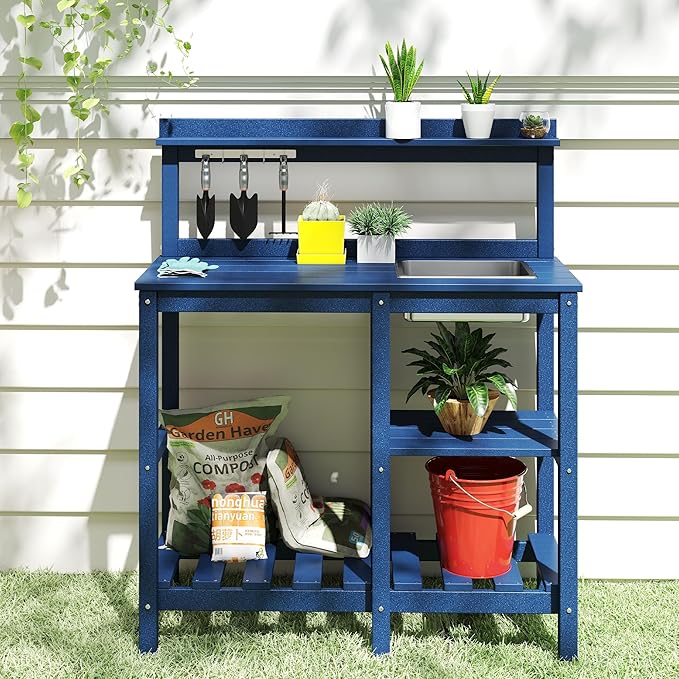 FOOWIN Potting Bench, HDPE Outdoor Potting Table with Sink, All-Weather Potting Benches for Outside, Gardening Table with Storage Shelf, Hook, for Garden, Patio, Lawns, Navy Blue