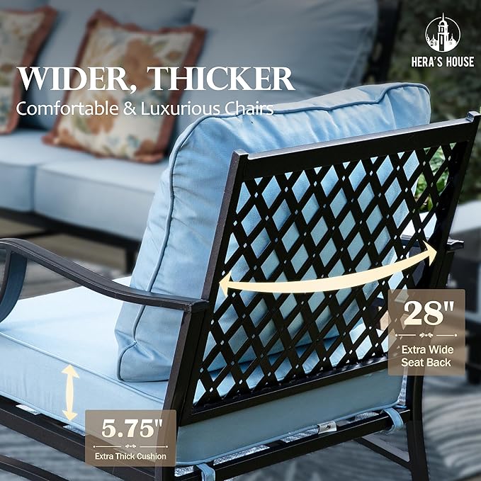 HERA'S HOUSE 7 Piece Patio Furniture Set, 4 x Metal Cushioned Chair, 2 x Cushioned Ottoman, 1 x 3-Seat Sofa, Outdoor Conversation Set for Lawn Garden Backyard, Blue