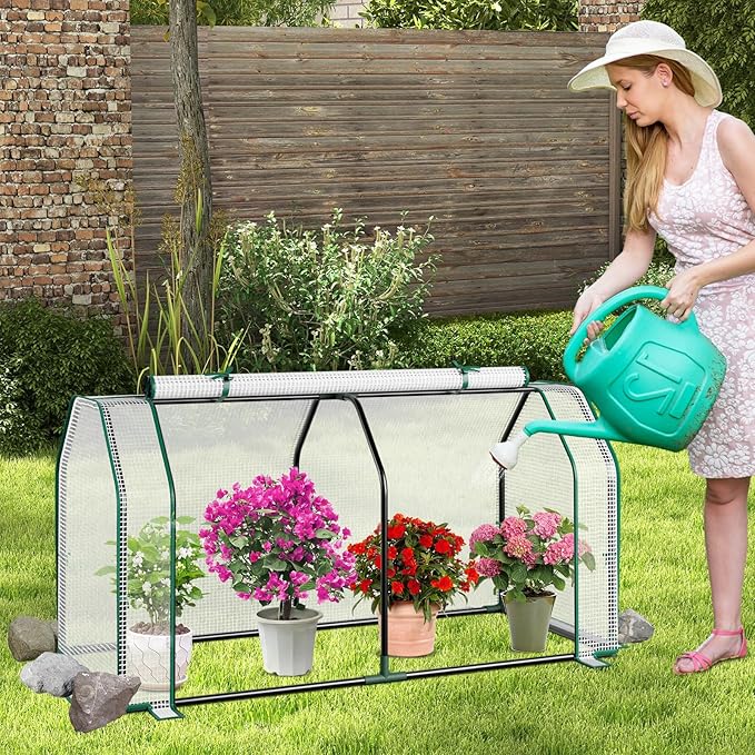 Happygrill Portable Mini Greenhouse w/Roll-up Zipper Door & All-Weather PE Cover, Outdoor & Indoor Greenhouse for Raised Garden Bed, Vegetables, Flowers, Patio, Lawn, Yard, Balcony