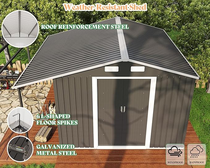 AMERLIFE 10.6x10.3x6.3 FT Galvanized Metal Storage Shed with Open Firewood Bay, Sliding Doors & Ramp, 2 Windows & Vents, Weather-Resistant Outdoor Tool/Garden Shed, Dark Gray