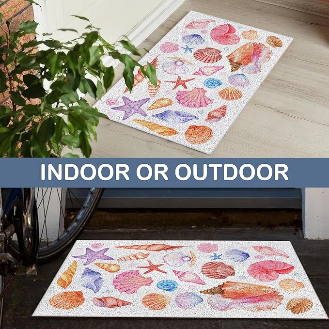 Seashell Beach Door Mat, Coastal Preppy Beach Doormat Non-Slip for Front Door Porch Indoor Outside Entrance Entryway, Nautical Shell Starfish Beachy Welcome Mat, 17x30 Inch