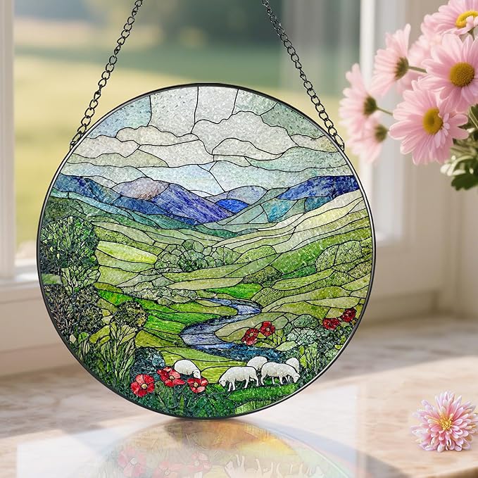 Stained Glass Window Hanging, Pauyadu 8 Inch Green Irish Hills Stained Glass Suncatcher, Window Decorations for Home, Christmas, Mother's Day, Birthday, Gifts for Women, Perfect for Nature Lovers