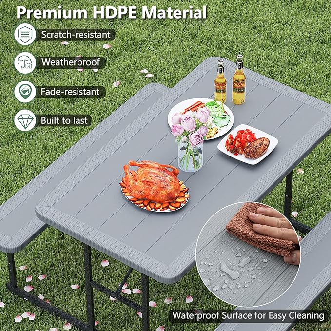 Tangkula Picnic Table, HDPE Outdoor Rectangular Table Bench Set with 2 Built-in Benches, Umbrella Hole, Metal Frame for 4 Person, Garden Yard Patio Lawn