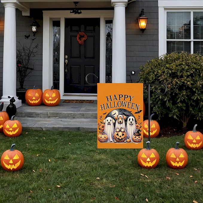 Happy Halloween Garden Flag for Outside, 12x18 Inch Double Sided Halloween Dog Pumpkin Ghost Bats Yard Flag, Farmhouse Small Yard Flags for Outdoor Decorations, Holiday Decor Gifts-A05