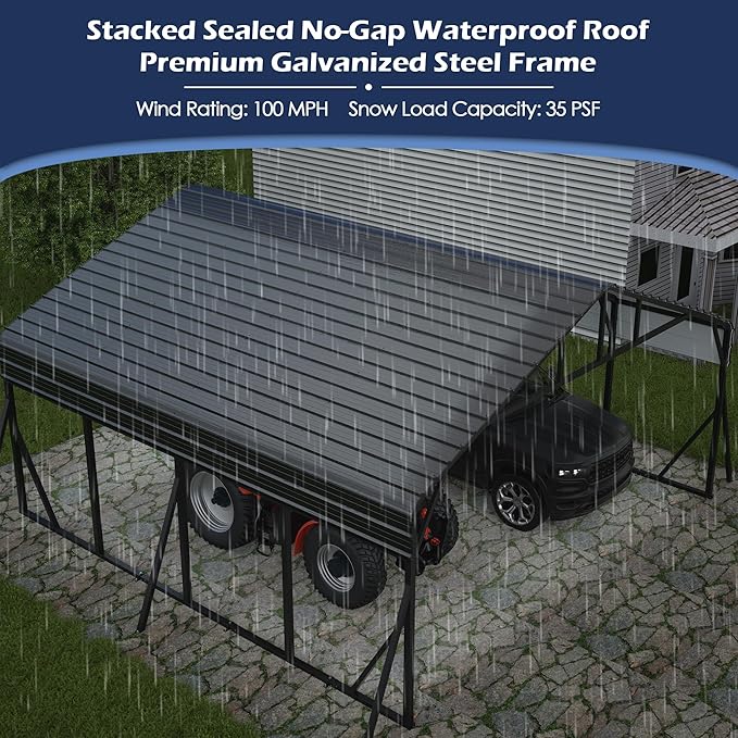 Xilingol Metal Carport, Heavy Duty Carport Canopy with Galvanized Steel Frame and Roof, Outdoor Storage Shed, Car Tent Garage Shelter for Pickup, Truck, Boat and Tractor, Grey (20x20 FT Black)